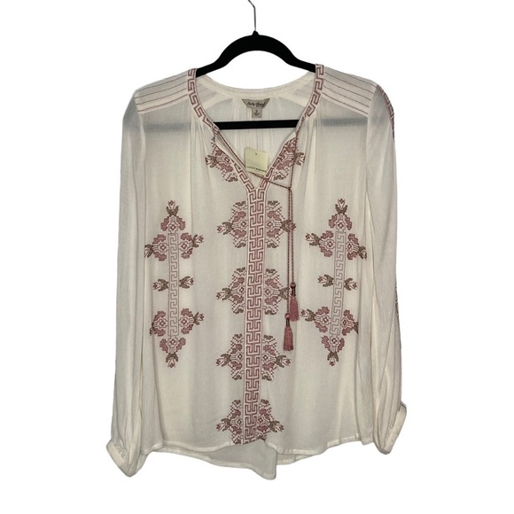 Lucky Brand White Embroidered Long Sleeve Peasant Top Sz S - Picture 1 of 13